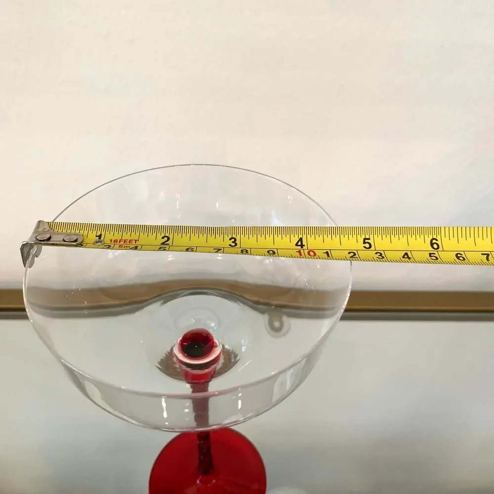 Set of 2 Coupe Martini Glasses with Ruby Red Textured Long Stem NEW